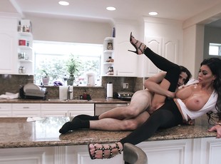 Busty raven tries morning sex with the step son on the kitchen counter